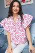 Baroque Floral Flutter Sleeve Split Neck Tie Detail Blouse